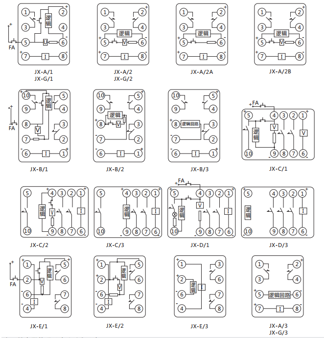 JX-E/2靜態信號繼電器內部接線及外引接線圖（正視圖）