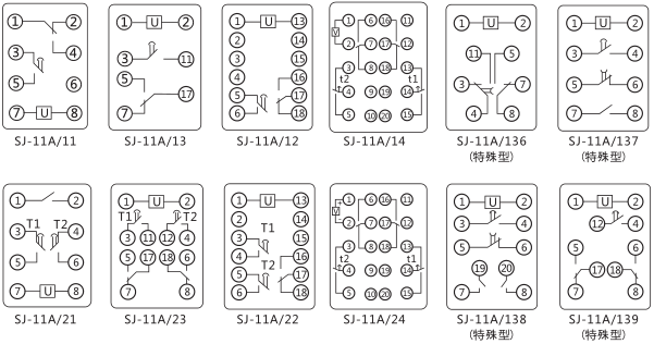 SJ-11A/137集成電路時間繼電器內部接線圖及外引接線圖片