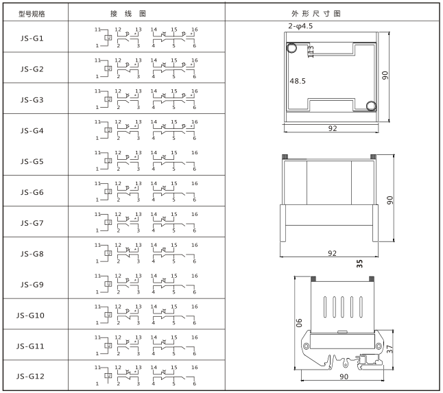 JS-G1端子排靜態時間繼電器內部端子外引圖及安裝開孔尺寸圖片