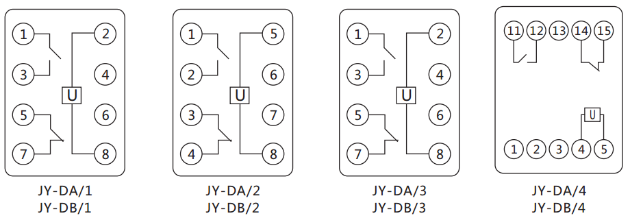 JY-DA/2集成電路直流電壓繼電器內部接線圖及外引接線圖（正視圖）