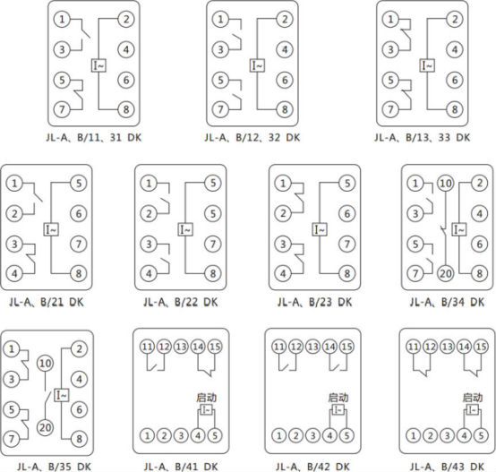 JL-A、B/42 DK無輔源電流繼電器內部接線及外引端子圖（正視圖）