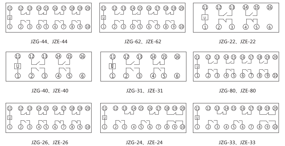JZG-33卡軌式靜態中間繼電器內部端子外引接線圖