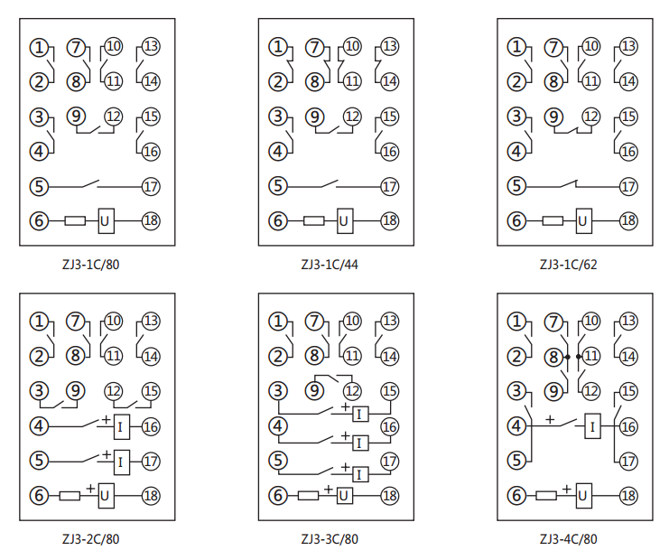ZJ3-1C/44快速中間繼電器內部接線圖及外引接線圖(正視圖)